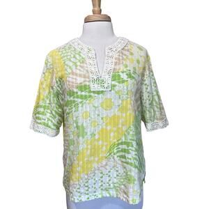Alfred Dunner Tropical Floral Top Embroidered Crochet Women's 14 Yellow Green